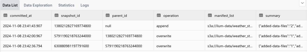 نتائج استعلام لقطات SQL Iceberg