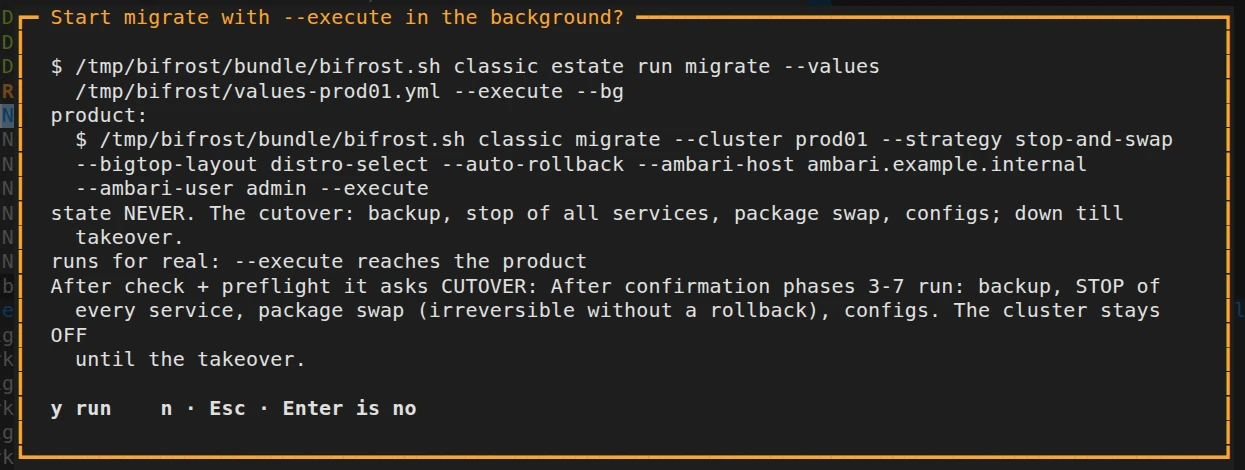 Heimdall confirmation dialog asking whether to start migrate with --execute in the background, showing the estate command, the Bifrost migrate command, and what the phase does